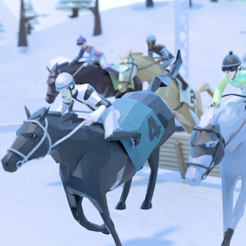 Close-up of animated horses racing on screen during At The Races team building event, where teams strategize and compete for victory.