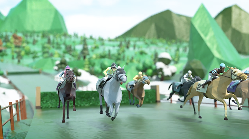 Virtual horse racing competition displayed on a screen during At The Races team building event, where teams collaborate to place bets and train horses.