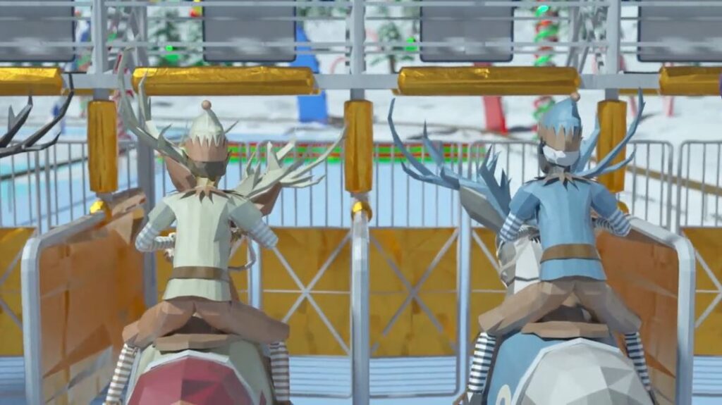 Two reindeer riders at the starting gate, ready for a race during the Reindeer Games team building event.