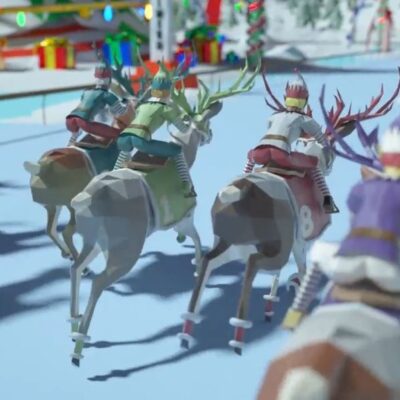 Animated reindeer racing in the Reindeer Games event, featuring participants in colorful attire riding reindeer in a winter-themed track.